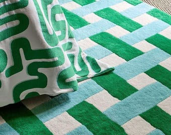 Hand Tufted Wool Rug – Green Stripe Area Carpet for Living Room Décor