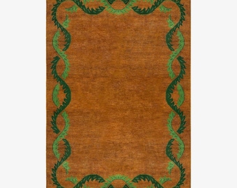 Hand Tufted Wool Floral Border Rug, Vintage Frame Carpet, Living Room Decor