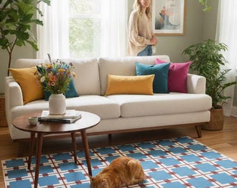 Hand Tufted Wool Area Rug, Modern Geometric Blue Carpet, Living Room Decor