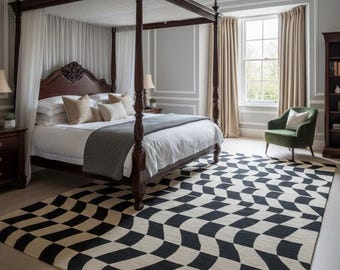 Hand Tufted Wool Area Rug – Modern Beige Black Checkerboard Carpet