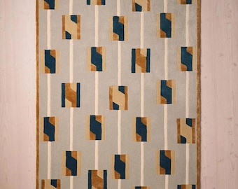 Hand Tufted Wool Rug, Modern Geometric Abstract Carpet, Beige Blue Brown Designer Home Decor