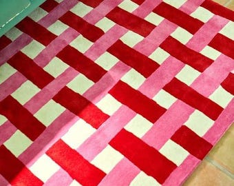 Hand Tufted Wool Rug – Red Pink Stripe Area Carpet, Contemporary Living Room Décor