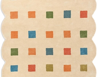 Hand Tufted Wool Area Rug, Scalloped Edge, Colorful Squares Pattern Carpet