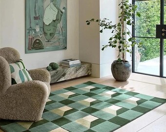 Hand Tufted Wool Rug, 3D Geometric Checkered Area Carpet, Green Contemporary Designer Home Decor