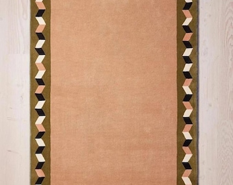 Hand Tufted Wool Rug, Modern Geometric Border Carpet, Peach Neutral Contemporary Area Rug