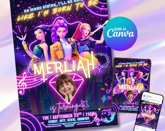 Puede incluir: Una vibrante invitación de cumpleaños con tres figuras animadas y el nombre "MERLIAH". El diseño incluye una foto de un niño, notas musicales y el texto "NO MORE HIDING, I'LL BE SHINING LIKE I'M BORN TO BE". Una tableta y un teléfono muestran el mismo diseño.
