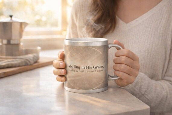 Abiding in His Grace Metallic Mug | Silver Gold Christian Scripture Coffee Cup