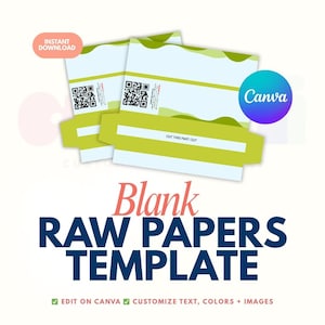 Puede incluir: Una pila de plantillas de papel en bruto en blanco con un diseño verde y blanco. La imagen incluye el texto "Blank RAW PAPERS TEMPLATE" y "EDIT ON CANVA CUSTOMIZE TEXT, COLORS + IMAGES". Un círculo rosa y un círculo azul y morado también están en la imagen.