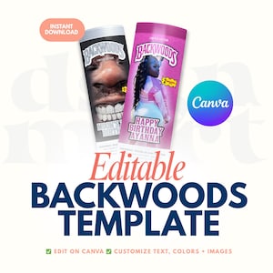 Puede incluir: Imagen con dos plantillas de la marca Backwoods, una negra y otra rosa, con caras y texto. La plantilla rosa dice "Happy Birthday Zayanna". El texto "Editable Backwoods Template" se muestra debajo, con instrucciones de Canva y descarga.