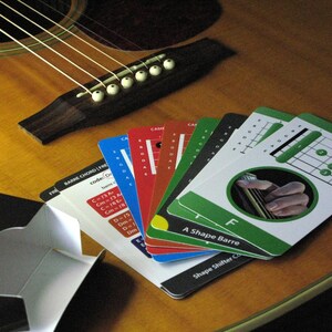 May include: Acoustic guitar with a set of colorful guitar chord cards fanned out on the wooden surface. The cards display chord diagrams and finger positions, with text including "Barre Chord F" and "A Shape Barre". A black box is in the lower left.
