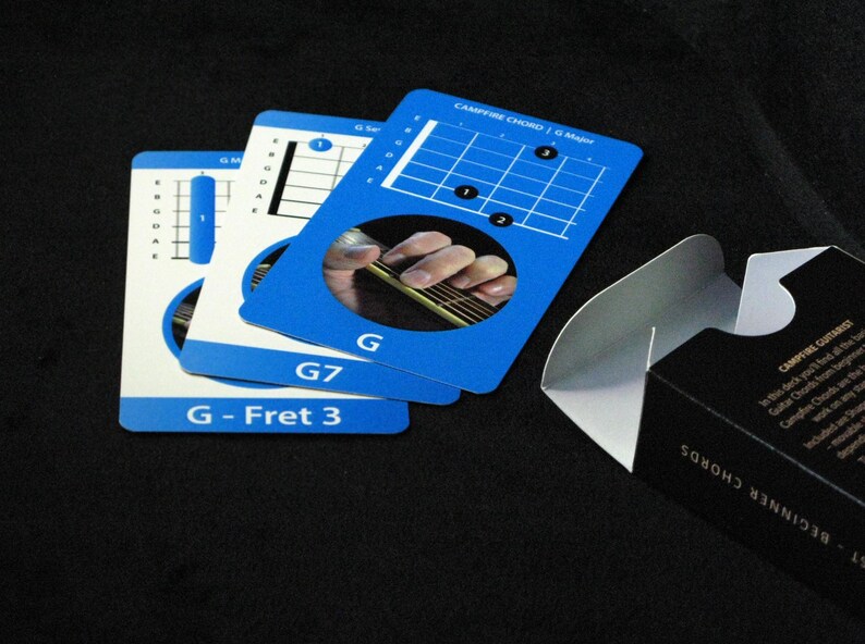 May include: A deck of blue and white guitar chord cards with the text "G", "G7", and "G - Fret 3". The cards show finger placement diagrams. A black box with the text "BEGINNER CHORDS" is partially visible.