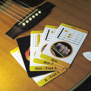 May include: Acoustic guitar with strings and bridge, alongside a collection of guitar chord cards. The cards display chord diagrams for Am, Am7, and A-Fret 5, with a white guitar pick resting nearby. The background is a warm, wooden surface.