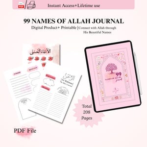 Może przedstawiać: Produkt cyfrowy zatytułowany "99 Imię Allaha Journal". Obraz przedstawia różowy tablet z projektem okładki dziennika, stronami do wydruku i ikoną pliku PDF. Tekst zawiera "Natychmiastowy dostęp + Dożywotnie użytkowanie" i "Łącznie 208 stron".
