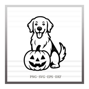 May include: Black and white illustration of a Golden Retriever dog sitting next to a carved pumpkin. The pumpkin has a jack-o'-lantern face. The image includes the text "PNG • SVG • EPS • DXF".