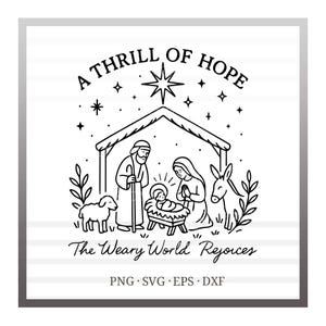 Puede incluir: Ilustración en blanco y negro de una escena de la Natividad con el texto "A Thrill of Hope" y "The Weary World Rejoices". La imagen incluye una estrella, un establo, figuras y animales.