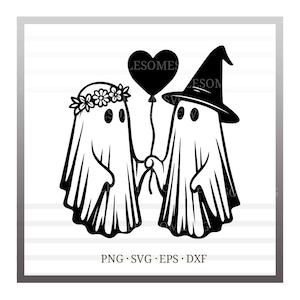May include: Black and white illustration of two ghosts holding hands, one wearing a floral crown and the other a witch hat, with a heart-shaped balloon. The image includes the text "LESOMES" and file type information.