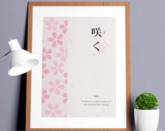 Impressão de arte japonesa com padrão de flor de cerejeira - Saku (咲く) | Download digital