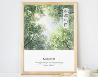 Impressão artística de Komorebi (木漏 れ日) (composição ampla): luz solar japonesa através das árvores - download digital