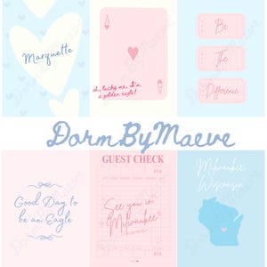 May include: A collection of six pastel-colored prints with text and graphics. The prints include phrases like "Marquette," "Be The Difference," and "See you in Milwaukee." The overall theme is decorative wall art.