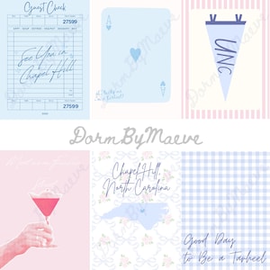 Könnte beinhalten: Eine Collage von Illustrationen in Hellblau und Rosa. Die Bilder zeigen einen Kassenzettel, ein Herz-Ass, eine Wimpel mit "UNC", einen Cocktail, eine Karte von North Carolina und ein Vichy-Muster. Der Text enthält "See You in Chapel Hill".