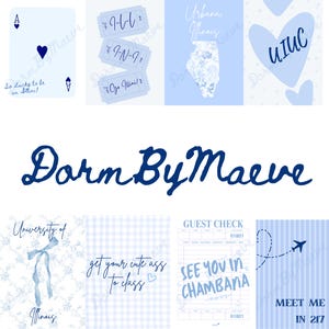 Op de afbeelding: Een verzameling lichtblauwe en witte afbeeldingen. Bevat een ruiten aas kaart, tickets, een Illinois kaart, harten en tekst met de tekst "Dorm By Maeve", "University of Illinois" en "See you in Chambana".