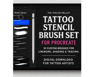 Tatueringsstencilpenselset för Procreate: Linjearbete, Skuggning, Spårning (digital nedladdning)
