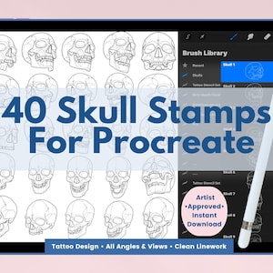 Może przedstawiać: Projekt grafiki cyfrowej na ekranie tabletu, zawierający 40 stempli czaszek dla Procreate. Projekt zawiera różne ilustracje czaszek, bibliotekę pędzli oraz tekst "Artist Approved Instant Download". Dodatkowy tekst brzmi "Tattoo Design All Angles & Views Clean Linework".