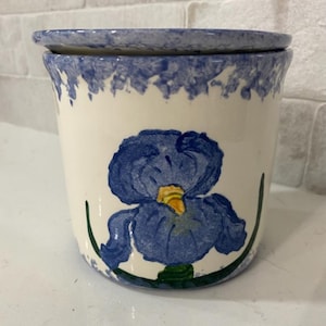 Vintage Large Ceramic Dip Chiller - Hand Painted Blue Iris Spongeware - Signed