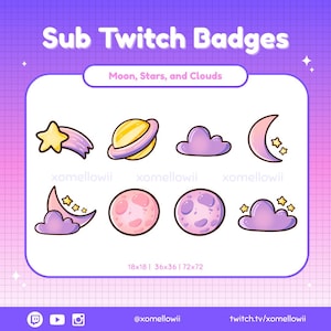 Cute Kawaii Pink and Purple Space Galaxy Celestial Moon Stars and Cloud Sub Twitch Badges
