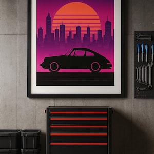ヴィンテージポルシェ911、レトロカーサンセットキャンバスウォールアート、ヴィンテージシティスケープ、自動車装飾、ホームデコレーション、車愛好家へのギフト