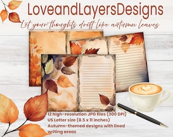 May include: A collection of autumn-themed stationery with lined writing areas. The designs feature watercolor illustrations of fall leaves in shades of orange, brown, and yellow. A cup of coffee and a pen are also included.