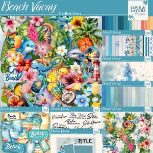May include: A digital art collection titled "Beach Vacay" featuring tropical flowers, marine life, and beach-themed elements. The design includes dolphins, seahorses, and text elements like "Paradise" and "Sunshine". The color palette is vibrant with blues, greens, and pinks.