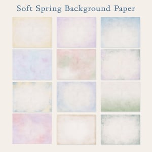May include: A collection of twelve rectangular papers with soft, pastel backgrounds. The papers feature a variety of colors, including yellow, purple, blue, pink, and green, with a textured, watercolor-like effect. The text "Soft Spring Background Paper" is at the top.