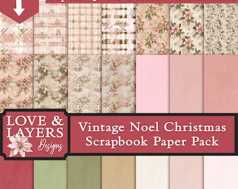 May include: A collection of 21 high-resolution printable scrapbook papers in JPEG format, each 12x12 inches. The papers feature vintage Noel Christmas designs with floral and plaid patterns in shades of pink, beige, and green. The image includes the text "Vintage Noel Christmas Scrapbook Paper Pack."