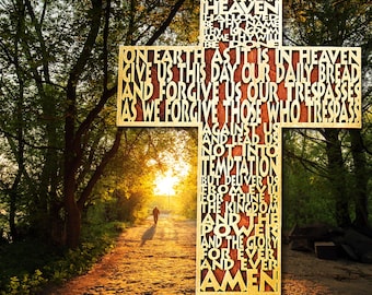 Our Father Prayer wooden cross, wall decor, laser cut scripture art, Christian wall hanging