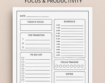 May include: Printable ADHD Daily Focus Pack planner with sections for date, focus, priorities, to-do list, schedule, focus tracker, and notes. The text "ADHD DAILY FOCUS PACK" is at the top.