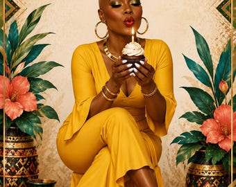 May include: A person in a mustard yellow jumpsuit with ruffled sleeves and gold heels holding a cupcake with a lit candle. The text Happy Birthday is at the top. The scene is framed by decorative borders and two vases with tropical flowers.