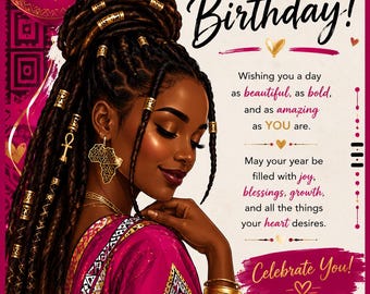 Biglietto di auguri afroamericano, donna nera con dreadlocks, design afrocentrico rosa