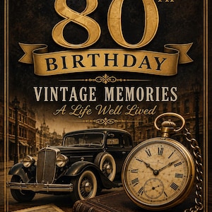 May include: A decorative poster featuring the text HAPPY 80TH BIRTHDAY VINTAGE MEMORIES A Life Well Lived. The design includes a black vintage car, a gold pocket watch with a chain, an old book, and a sepia-toned photograph on a dark background.