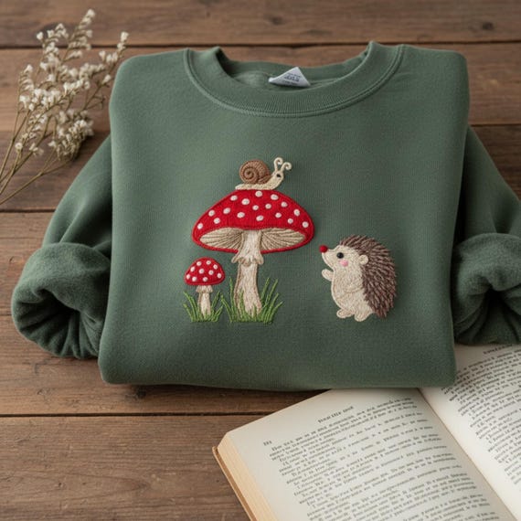 Embroidered Hedgehog Snail Mushroom Sweatshirt Cottagecore Forest Animal Shirt Cozy Fall Pullover Nature Lover Gift Woodland Aesthetic