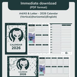 Puede incluir: Calendario digital 2026 en formato PDF. El diseño presenta una ilustración de gato dentro de un círculo, con el texto "CALENDAR 2026". El calendario incluye diseños verticales y horizontales, en tamaños A4/A5 y Letter.