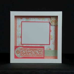 May include: A white shadow box frame with a pink and floral patterned background. The frame has a rectangular opening with a pink border. The words "baby girl" are written on a pink rectangle. A small teddy bear sticker is in the upper right corner.