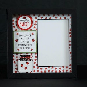 May include: A black framed shadow box with a white interior. The background features a pattern of red ladybugs. Decorative elements include a round sign that says "simply SWEET" and a rectangular sign that says "She leaves a little sparkle everywhere she goes."