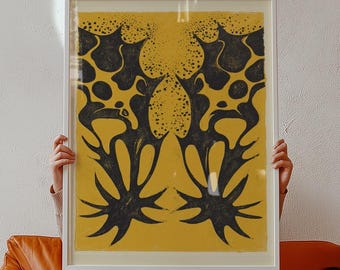 Stampa artistica astratta in nero e giallo: poster giclée simmetrico moderno
