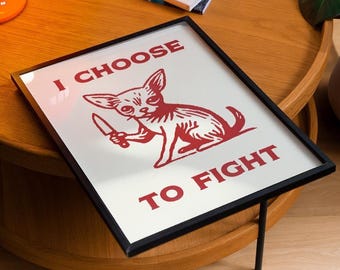 Zabawny wydruk artystyczny z chihuahua – punkowy pies z nożem, oryginalna dekoracja ścienna