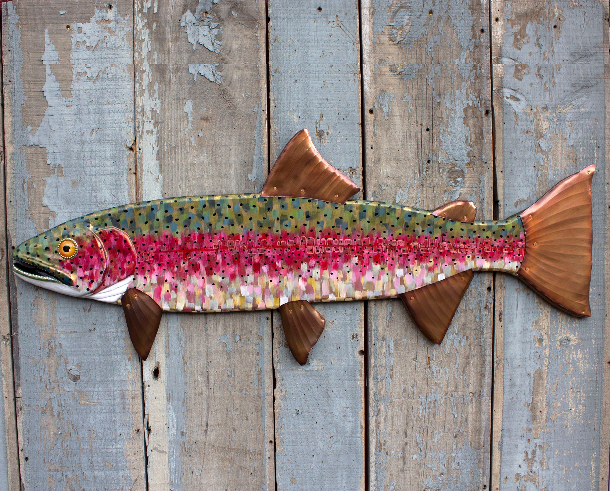 42 Rainbow Trout Fly Fishing Art, Hand Painted Carved Wood Wall Art