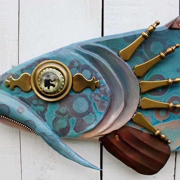 Fish Art, 41" Large Steampunk Catfish Wall Sculpture/ Folk Art Fish Mixed Media/Made in Vermont