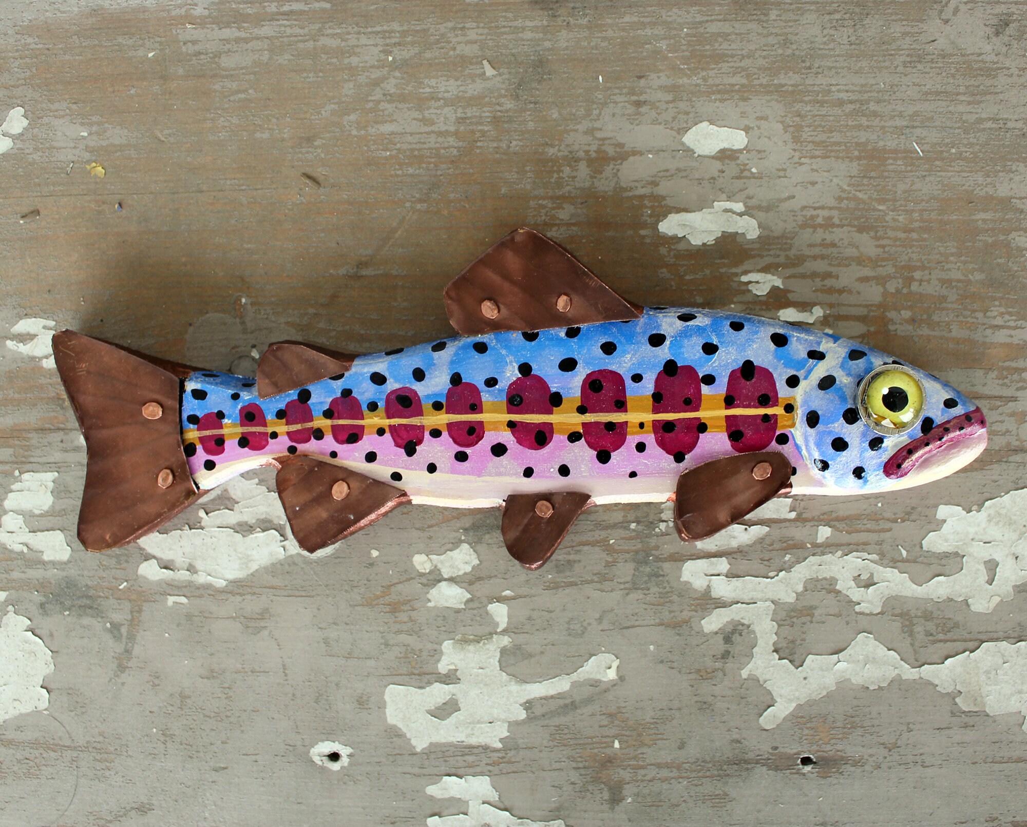 Zelda, 12 Trout Minnow, Fun HandPainted Wood Fish Wall Art, Copper