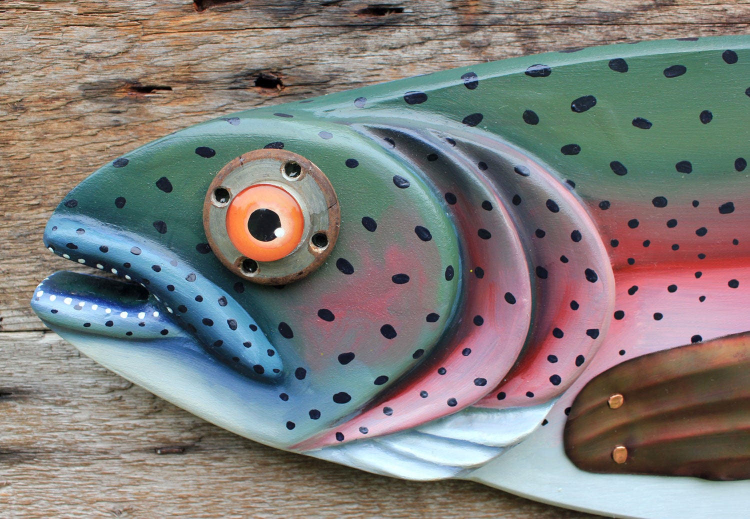 37 Rainbow Trout Wall Hanging. Hand Painted on Wood with Hammered