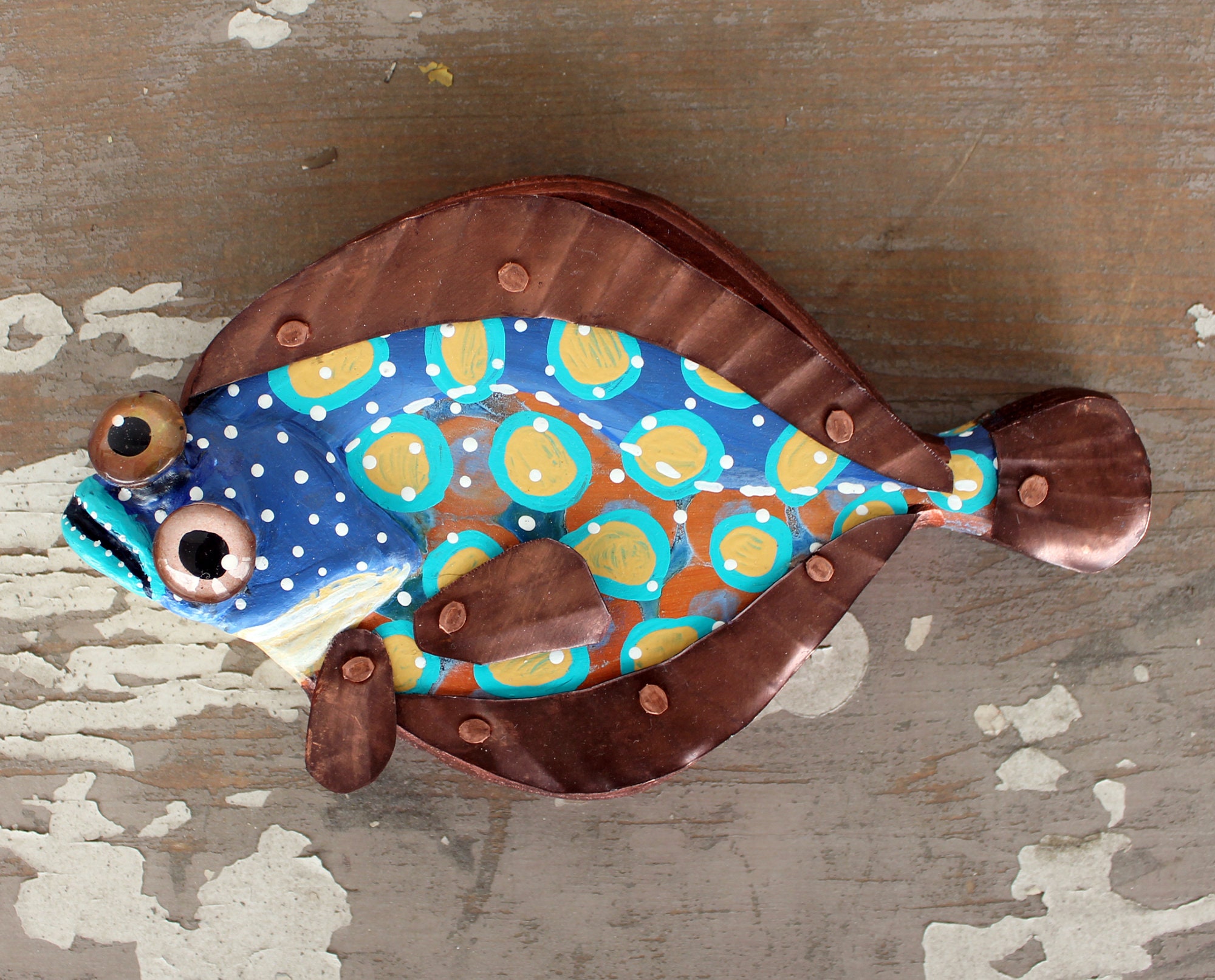 Bill, 9 Flounder Minnow, Fun HandPainted Wood Fish Wall Art, Copper